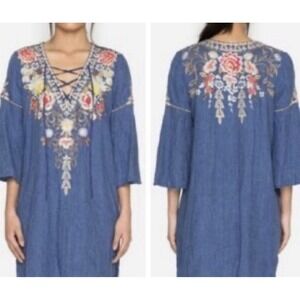 Johnny Was Blue Embroidered Floral Blouse Women's XL Retail $298